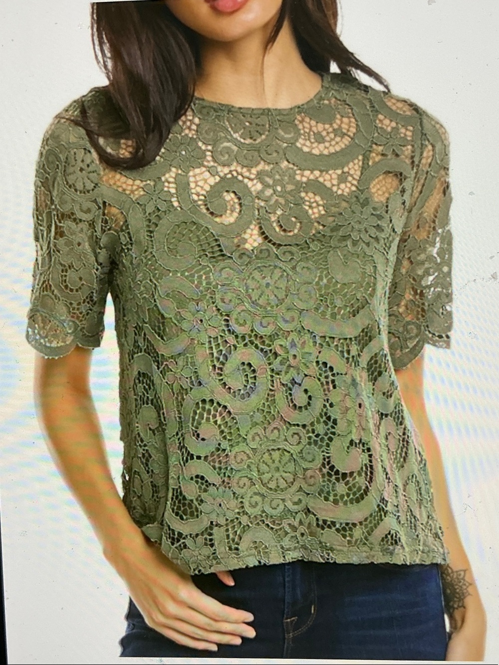 Nanette Lepore Olive Green Lace Crochet Short Sleeve Top w tie Bow in Back NWOT
